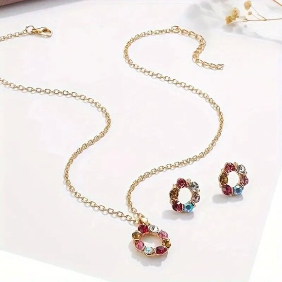⭐️NWT Multicolor Round Rhinestone Earring And Necklace Set - Picture 4 of 4
